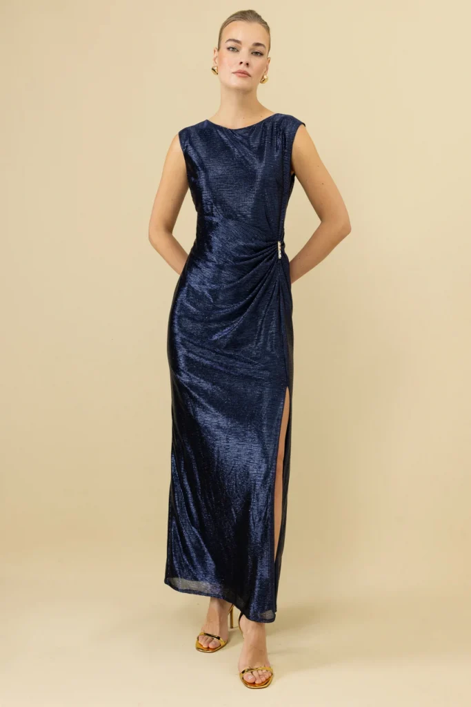 EKOL Parlak Kumaş Maxi Boy Abiye Elbise 5092 - Lacivert