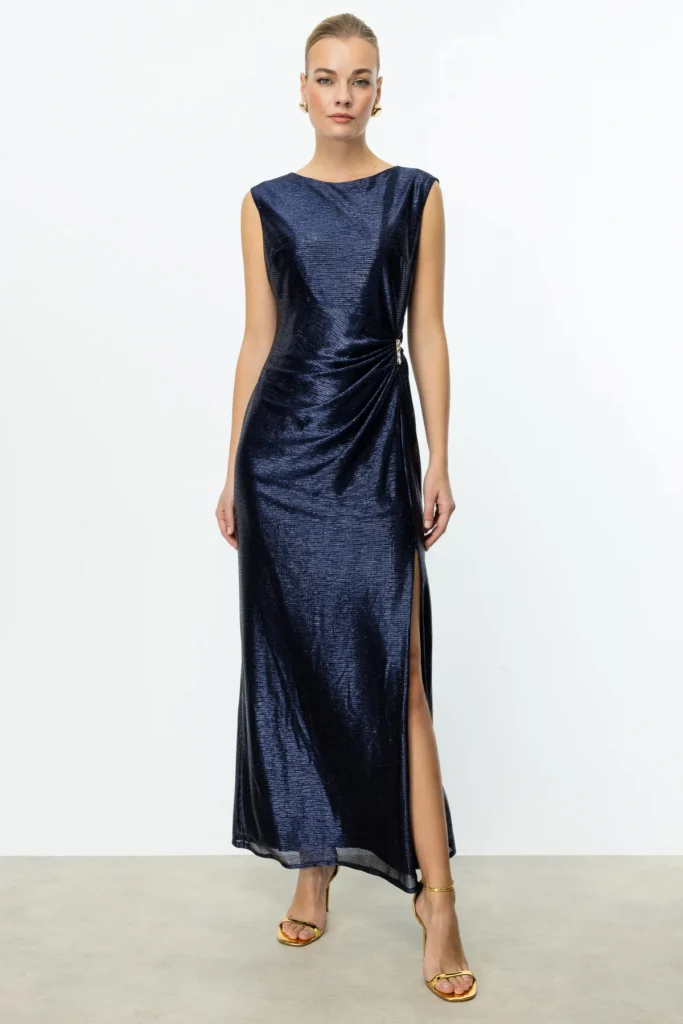 EKOL Parlak Kumaş Maxi Boy Abiye Elbise 5092 - Lacivert