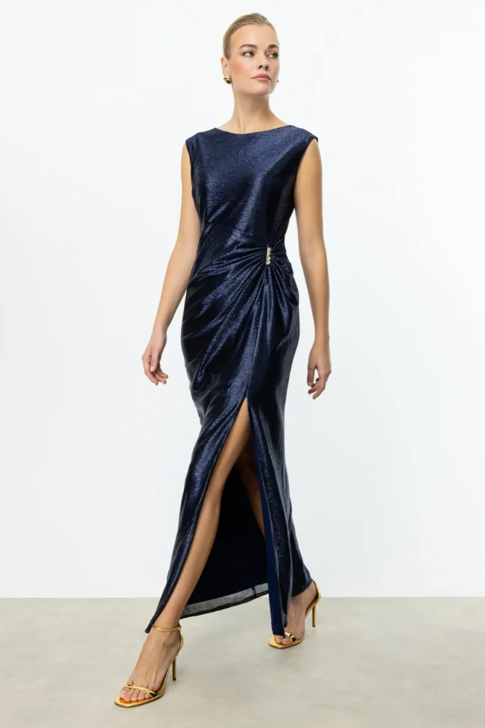 EKOL Parlak Kumaş Maxi Boy Abiye Elbise 5092 - Lacivert