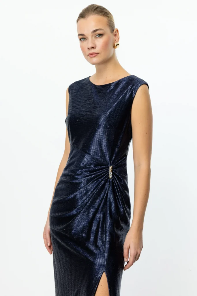 EKOL Parlak Kumaş Maxi Boy Abiye Elbise 5092 - Lacivert