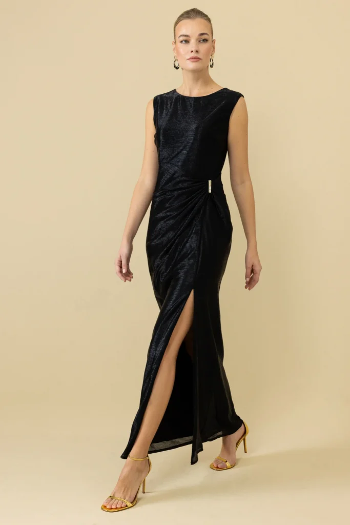 EKOL Parlak Kumaş Maxi Boy Abiye Elbise 5092 - Siyah