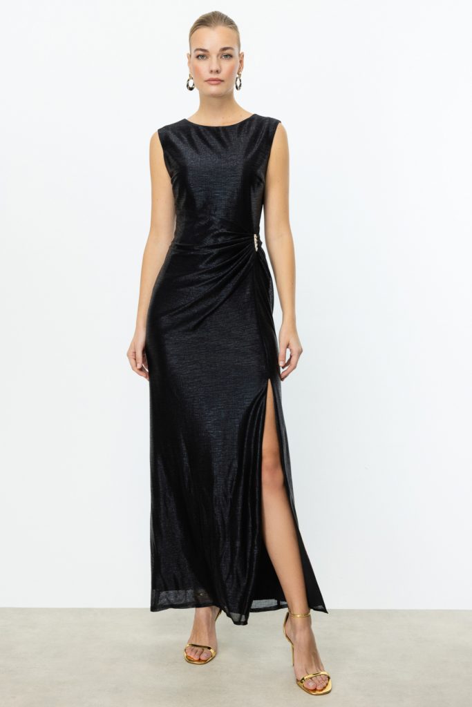 EKOL Parlak Kumaş Maxi Boy Abiye Elbise 5092 - Siyah