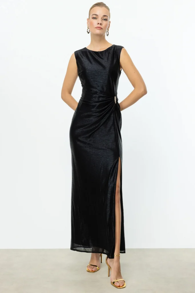 EKOL Parlak Kumaş Maxi Boy Abiye Elbise 5092 - Siyah