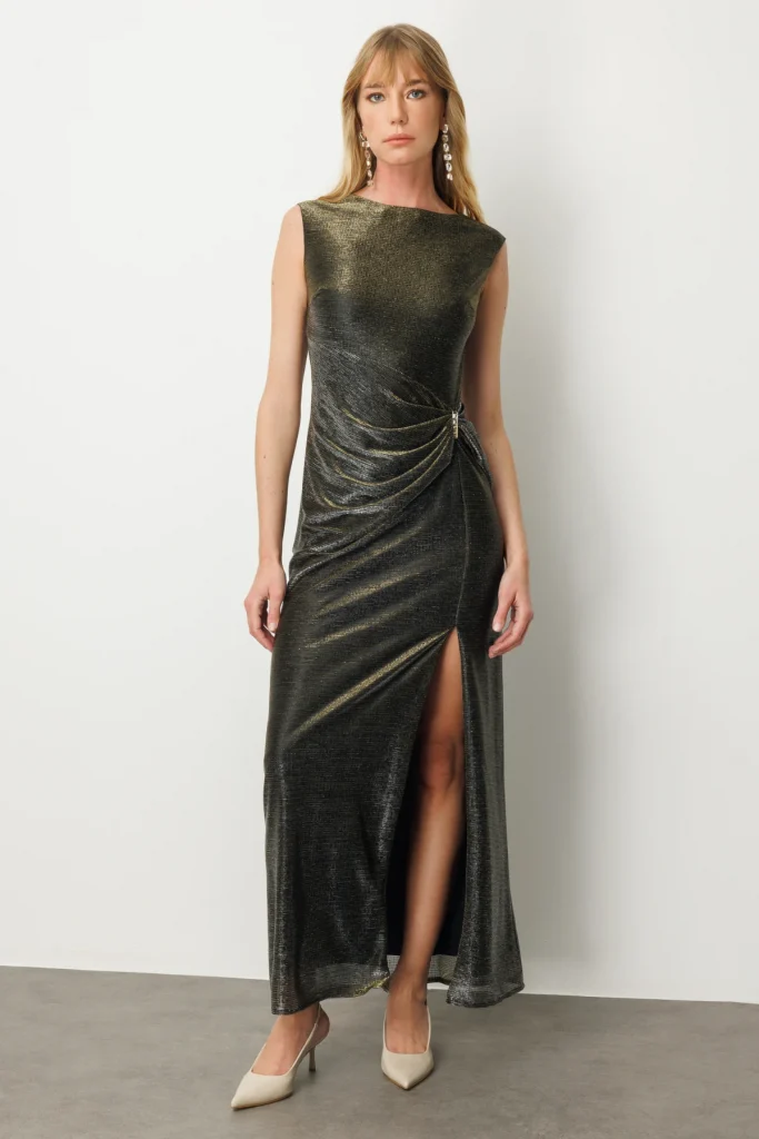 EKOL Parlak Kumaş Maxi Boy Abiye Elbise 5092 - VİZON