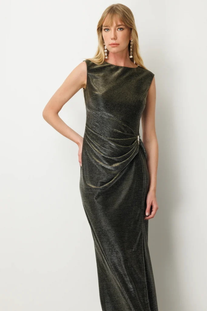 EKOL Parlak Kumaş Maxi Boy Abiye Elbise 5092 - VİZON