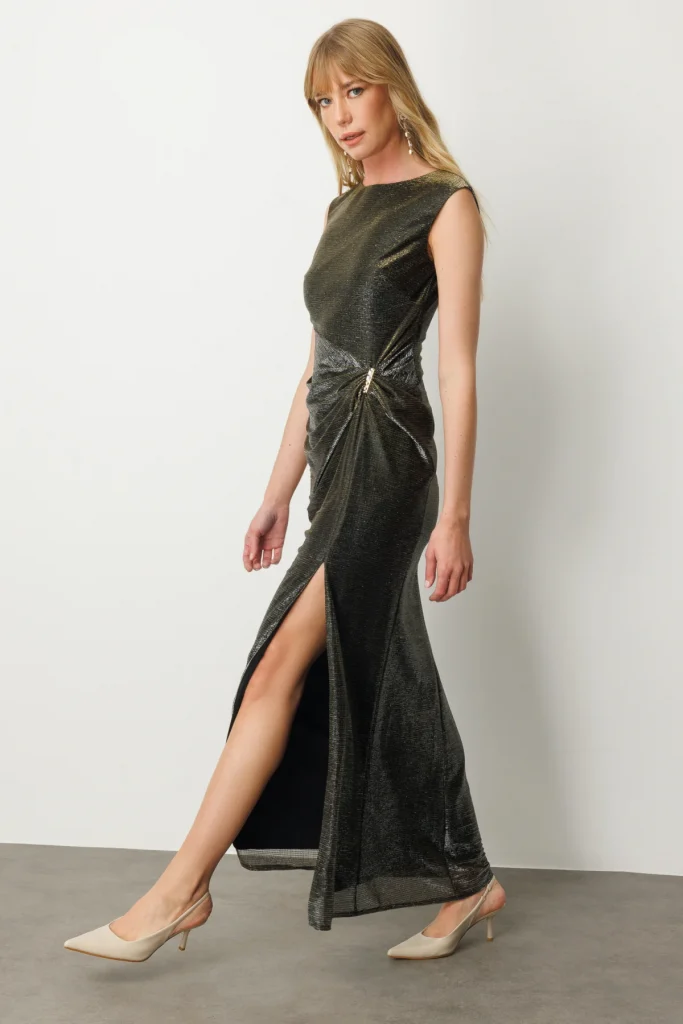 EKOL Parlak Kumaş Maxi Boy Abiye Elbise 5092 - VİZON