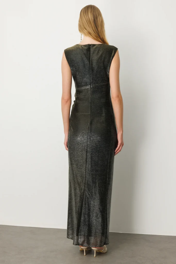 EKOL Parlak Kumaş Maxi Boy Abiye Elbise 5092 - VİZON