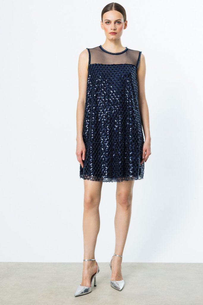 EKOL Pul Ve Boncuklu Diz Üstü Elbise 5206 - Lacivert