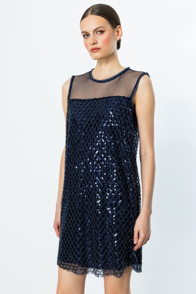 EKOL Pul Ve Boncuklu Diz Üstü Elbise 5206 - Lacivert