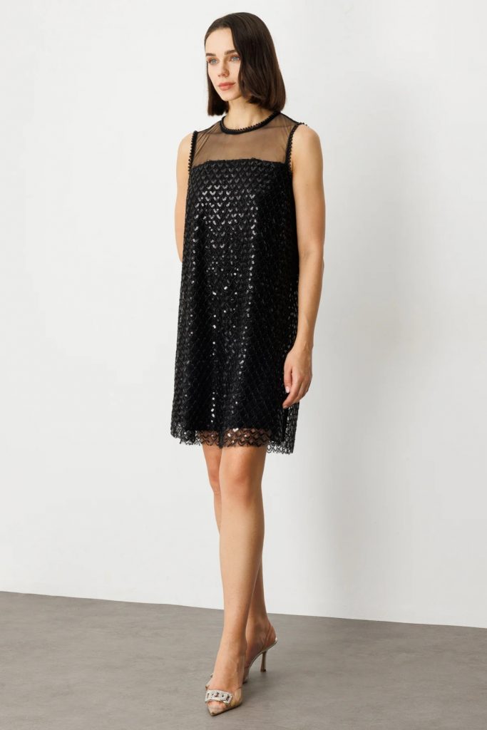 EKOL Pul Ve Boncuklu Diz Üstü Elbise 5206 - Siyah