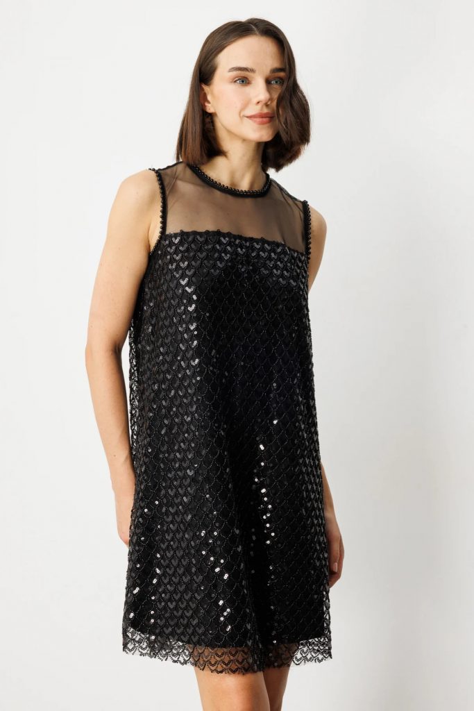 EKOL Pul Ve Boncuklu Diz Üstü Elbise 5206 - Siyah