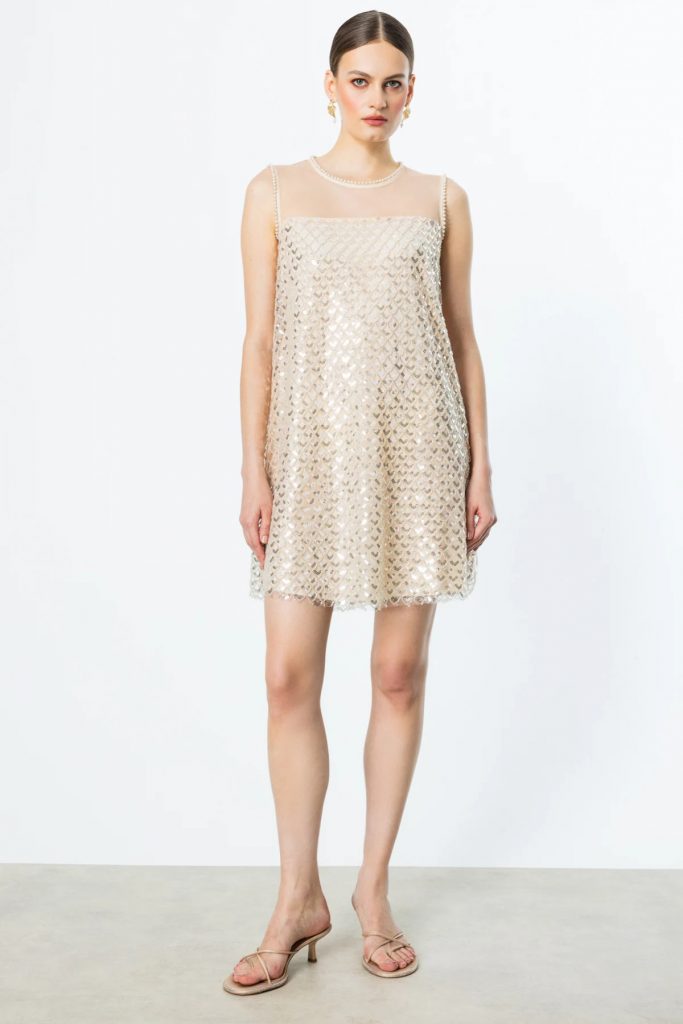 EKOL Pul Ve Boncuklu Diz Üstü Elbise 5206 - EKRU