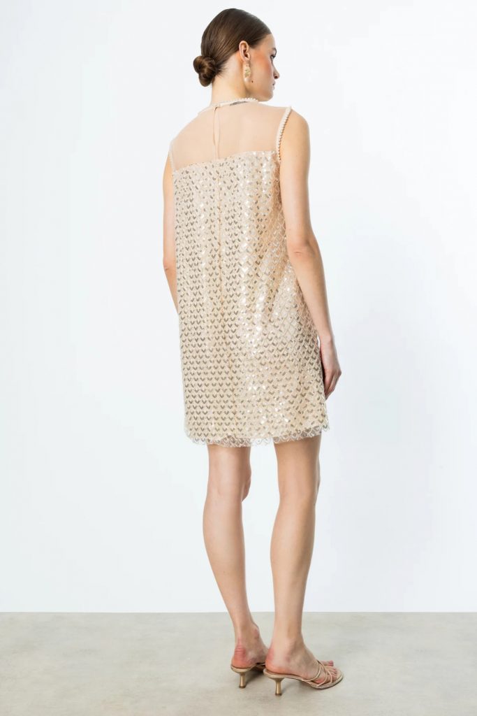 EKOL Pul Ve Boncuklu Diz Üstü Elbise 5206 - EKRU