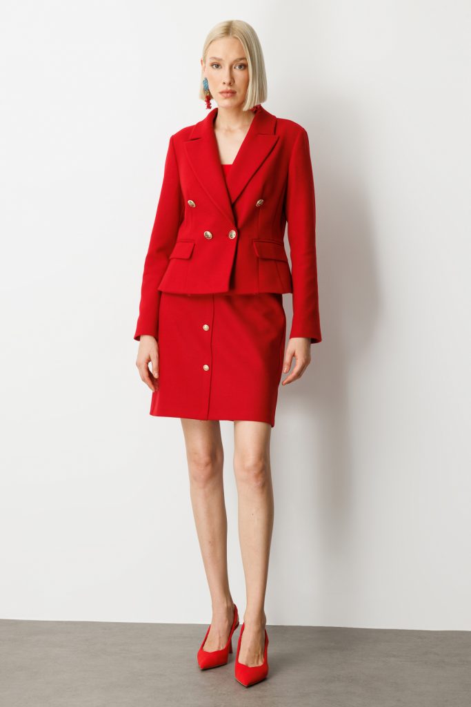 EKOL Süs Düğmeli Mini Kaşe Etek 2001 - KIRMIZI