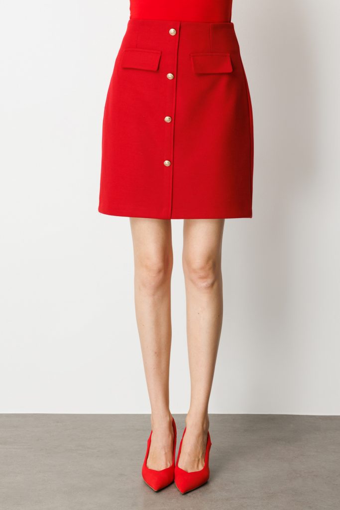 EKOL Süs Düğmeli Mini Kaşe Etek 2001 - KIRMIZI