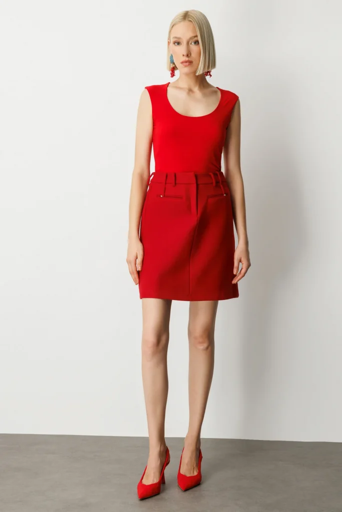 EKOL Kadın Aksesuar Detaylı Mini Kaşe Etek  2003 - KIRMIZI