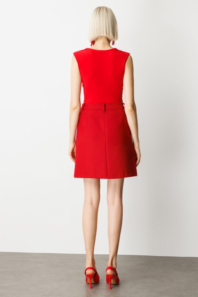 EKOL Kadın Aksesuar Detaylı Mini Kaşe Etek  2003 - KIRMIZI