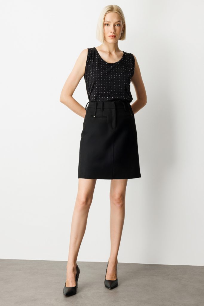 EKOL Kadın Aksesuar Detaylı Mini Kaşe Etek  2003 - Siyah