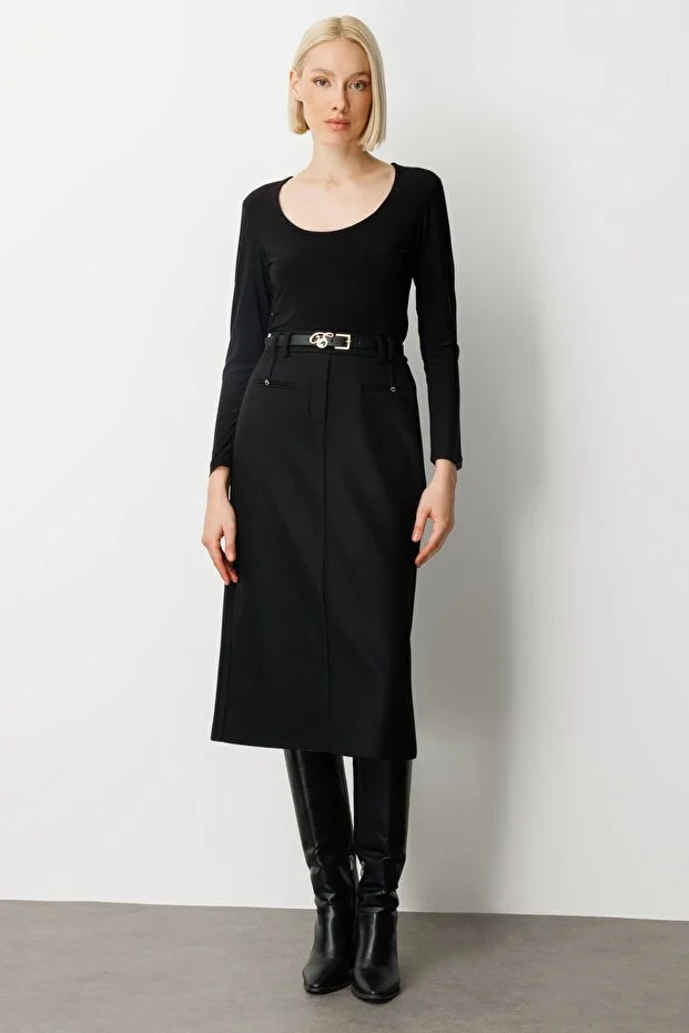 EKOL Beli Kemerli Yırtmaçlı Midi Etek 2009 - Siyah