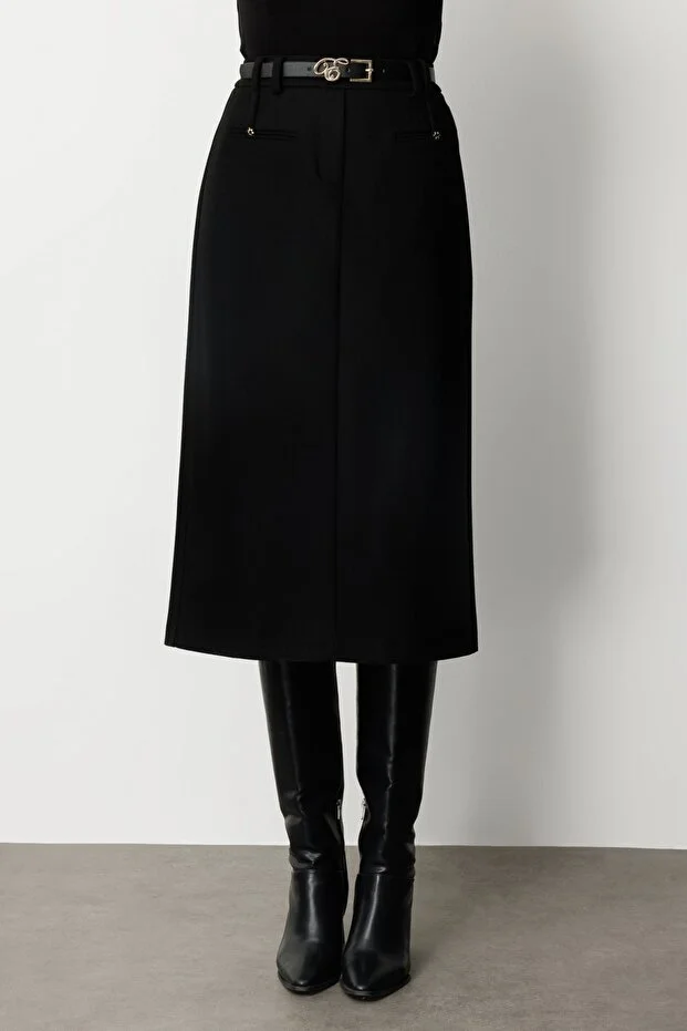 EKOL Beli Kemerli Yırtmaçlı Midi Etek 2009