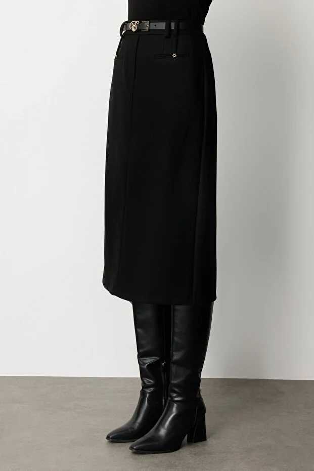 EKOL Beli Kemerli Yırtmaçlı Midi Etek 2009 - Siyah