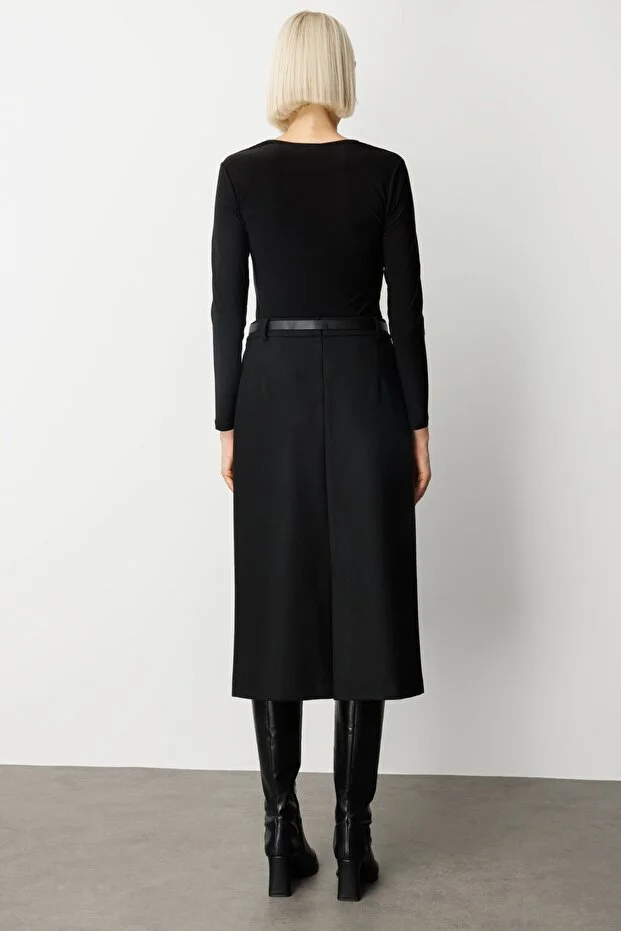 EKOL Beli Kemerli Yırtmaçlı Midi Etek 2009 - Siyah