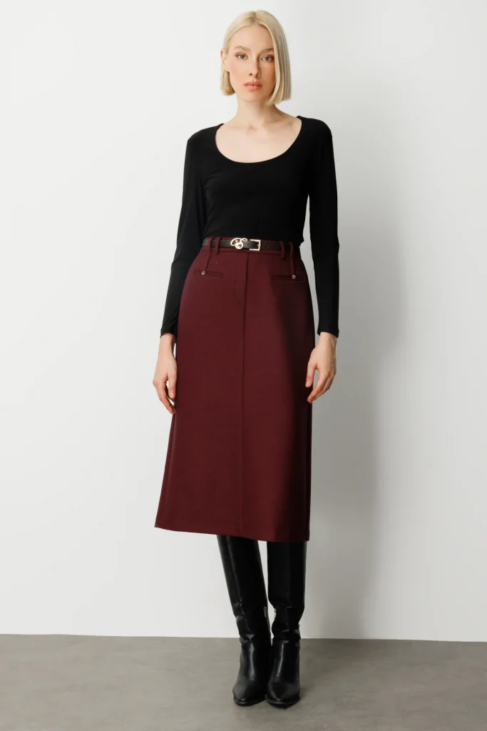 EKOL Beli Kemerli Yırtmaçlı Midi Etek 2009 - bordo