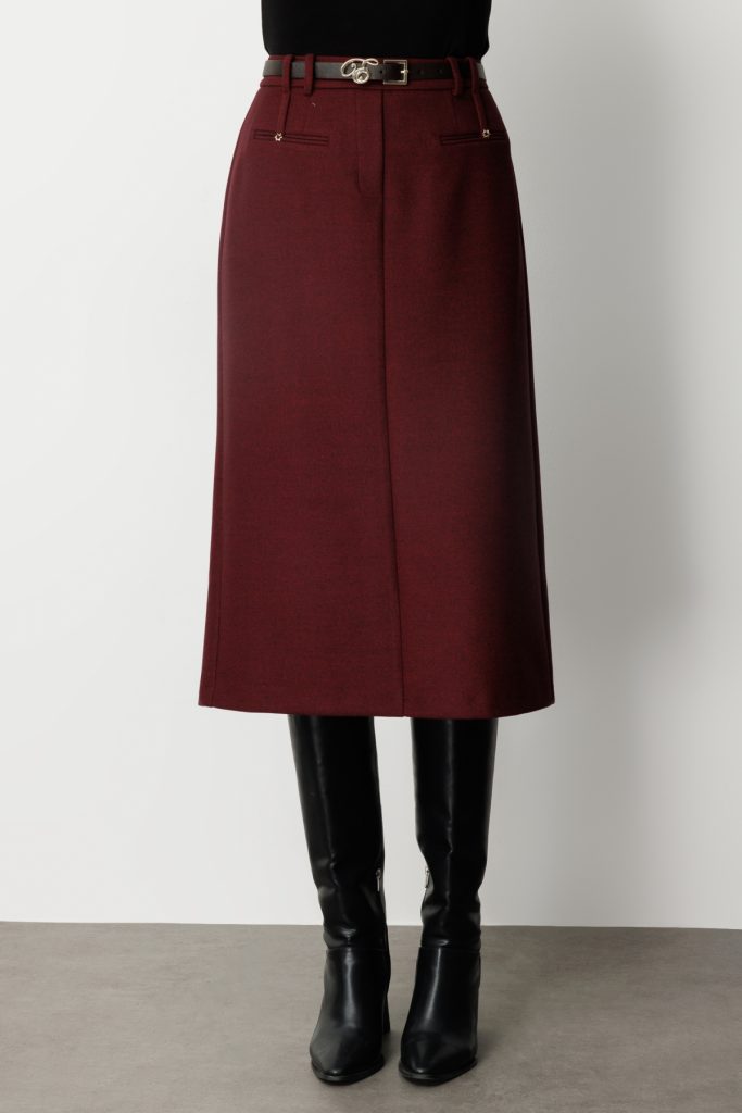 EKOL Beli Kemerli Yırtmaçlı Midi Etek 2009 - bordo