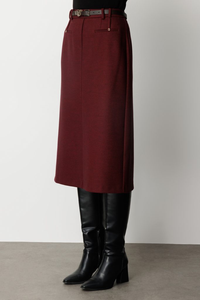 EKOL Beli Kemerli Yırtmaçlı Midi Etek 2009 - bordo