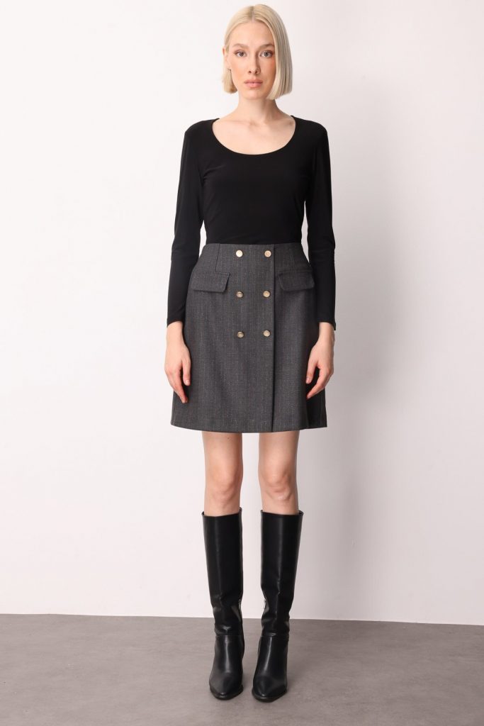 EKOL Beli Lastikli Süs Düğmeli Mini Kadın Etek 2019 - Siyah