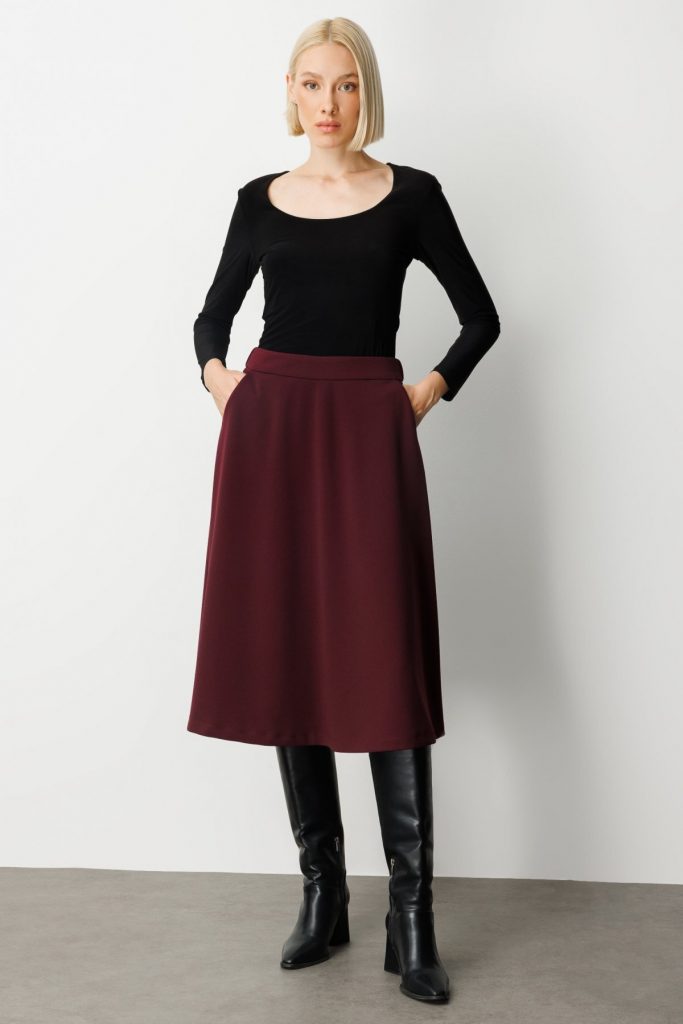 EKOL Beli Lastikli Volanlı Midi Etek 2023 - bordo