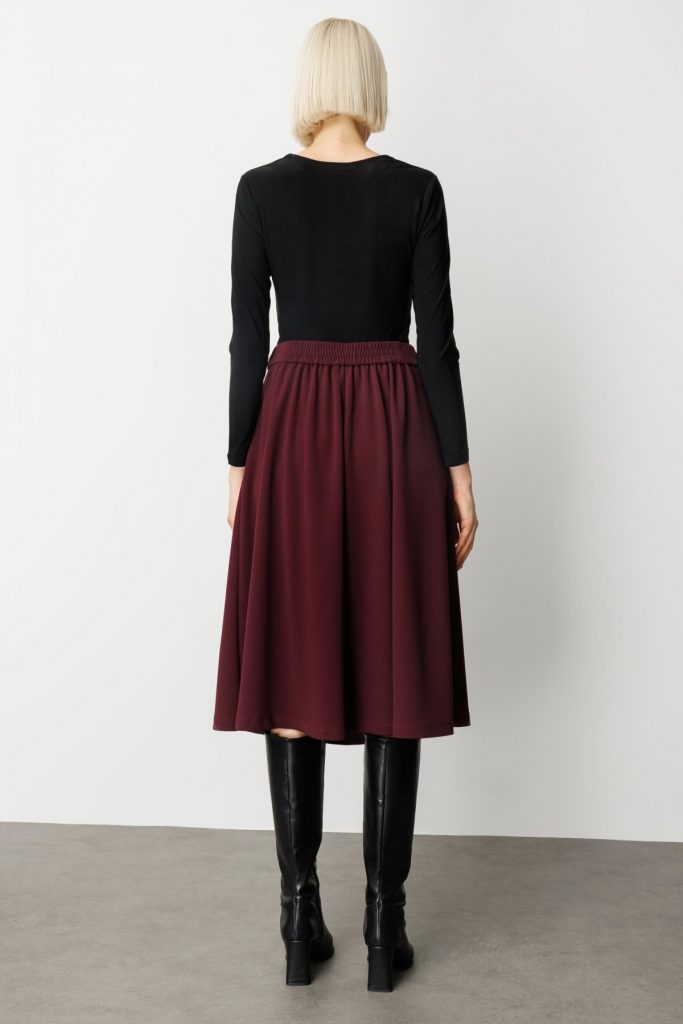 EKOL Beli Lastikli Volanlı Midi Etek 2023 - bordo