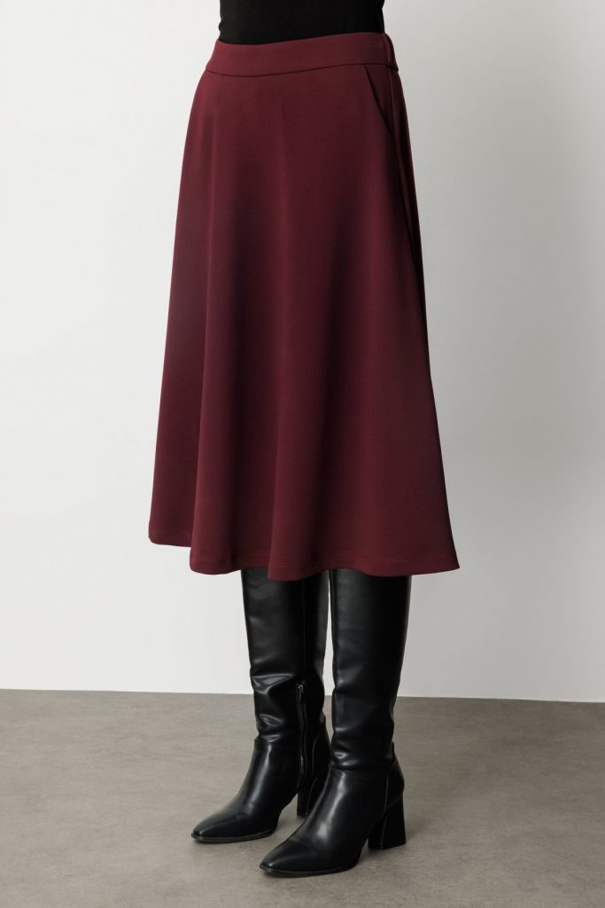 EKOL Beli Lastikli Volanlı Midi Etek 2023 - bordo