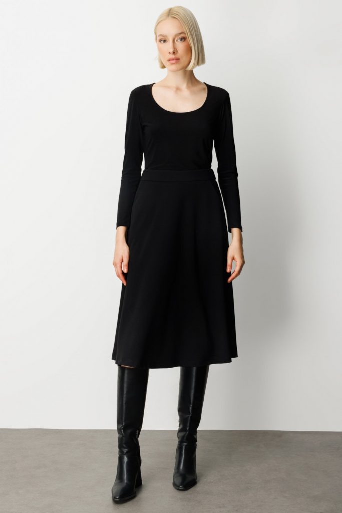 EKOL Beli Lastikli Volanlı Midi Etek 2023 - Siyah