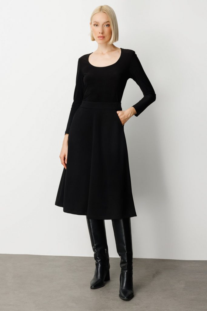 EKOL Beli Lastikli Volanlı Midi Etek 2023 - Siyah