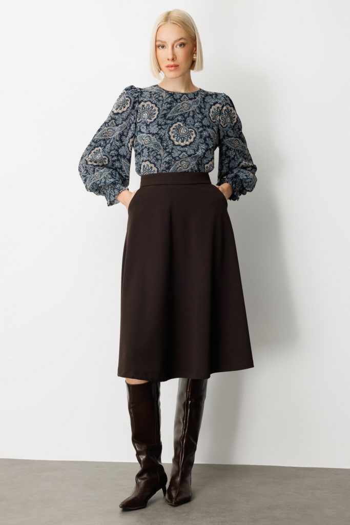 EKOL Beli Lastikli Volanlı Midi Etek 2023 - kahve