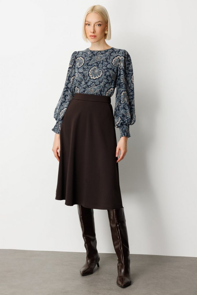 EKOL Beli Lastikli Volanlı Midi Etek 2023 - kahve