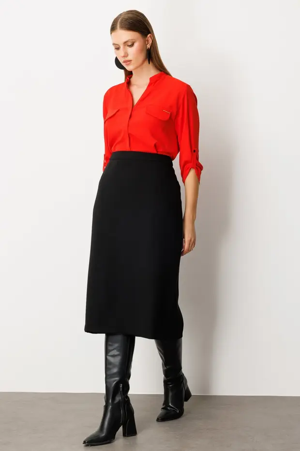 EKOL Yırtmaçlı Krep Etek  2035