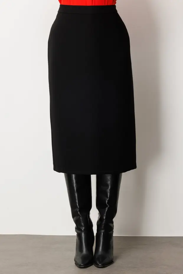 EKOL Yırtmaçlı Krep Etek  2035 - Siyah