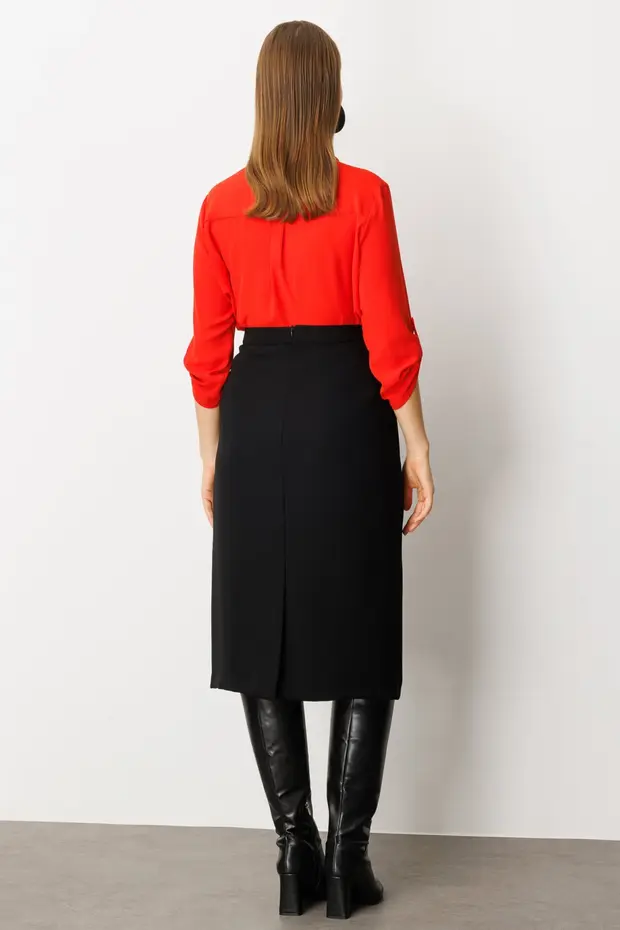 EKOL Yırtmaçlı Krep Etek  2035 - Siyah