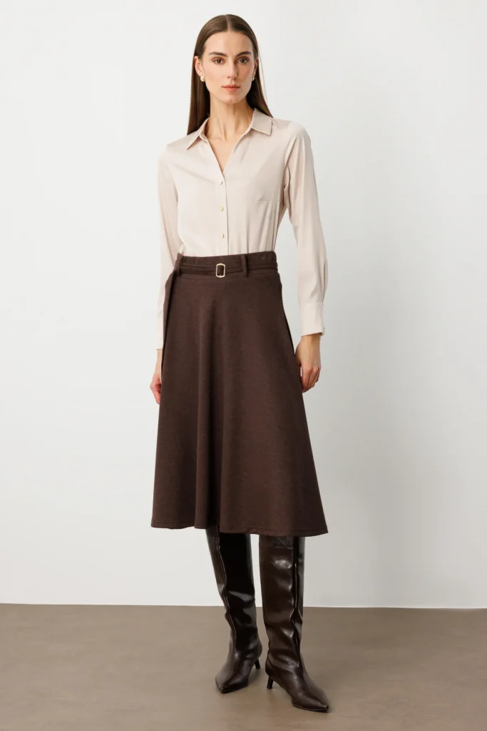 EKOL Beli Kemerli Volanlı Midi Etek 2037 - kahve