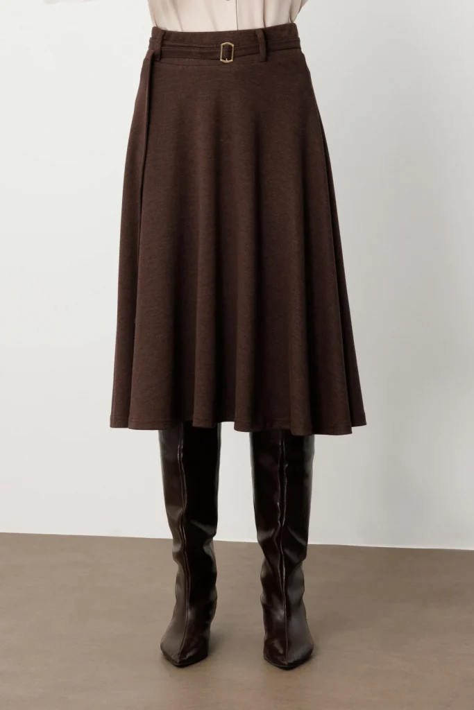 EKOL Beli Kemerli Volanlı Midi Etek 2037 - kahve