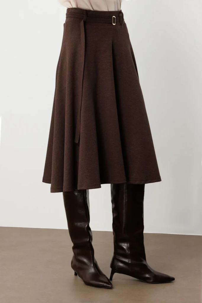 EKOL Beli Kemerli Volanlı Midi Etek 2037 - kahve