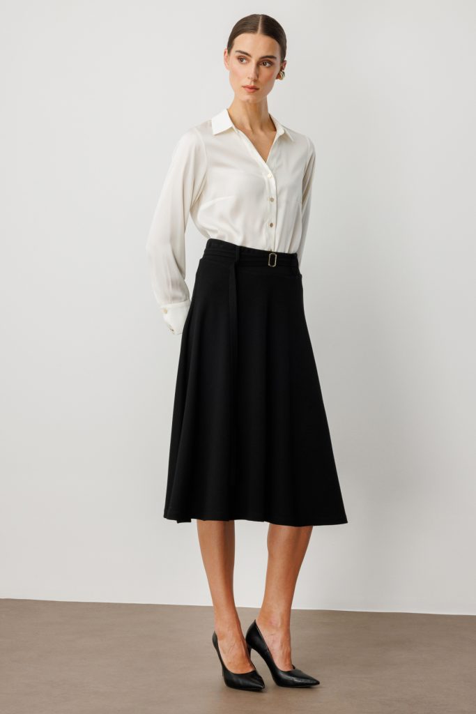 EKOL Beli Kemerli Volanlı Midi Etek 2037 - Siyah