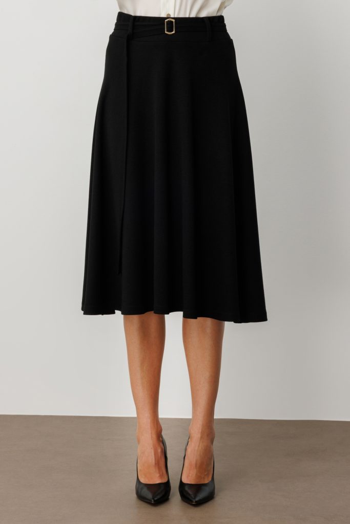 EKOL Beli Kemerli Volanlı Midi Etek 2037 - Siyah