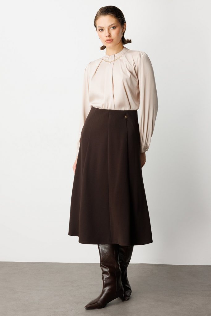 EKOL Broş Detaylı Volanlı Midi Etek 2039 - kahve