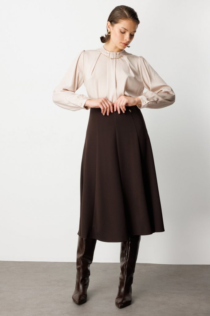 EKOL Broş Detaylı Volanlı Midi Etek 2039 - kahve