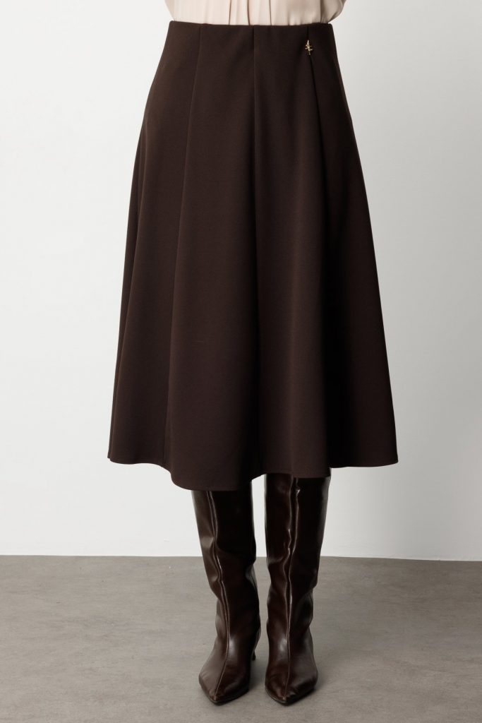 EKOL Broş Detaylı Volanlı Midi Etek 2039 - kahve