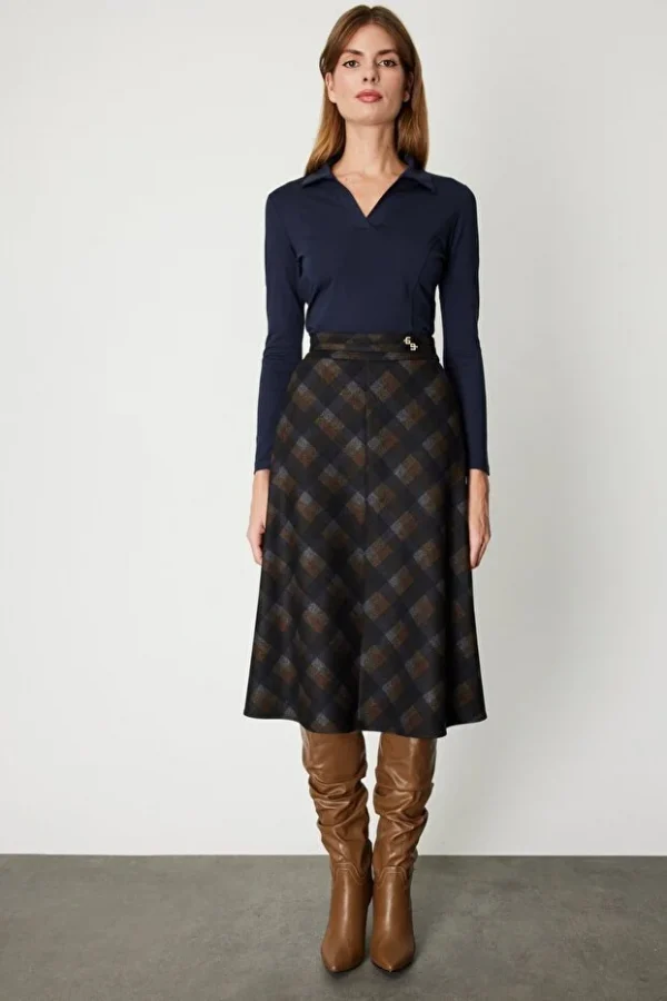 EKOL Kadın Ekoseli Midi Etek 2041