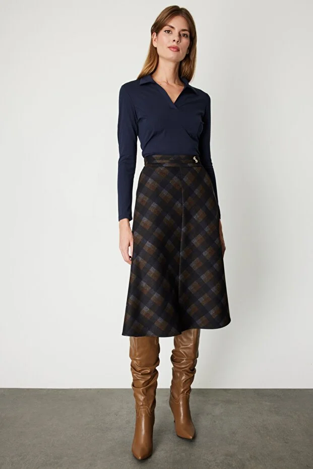 EKOL Kadın Ekoseli Midi Etek 2041